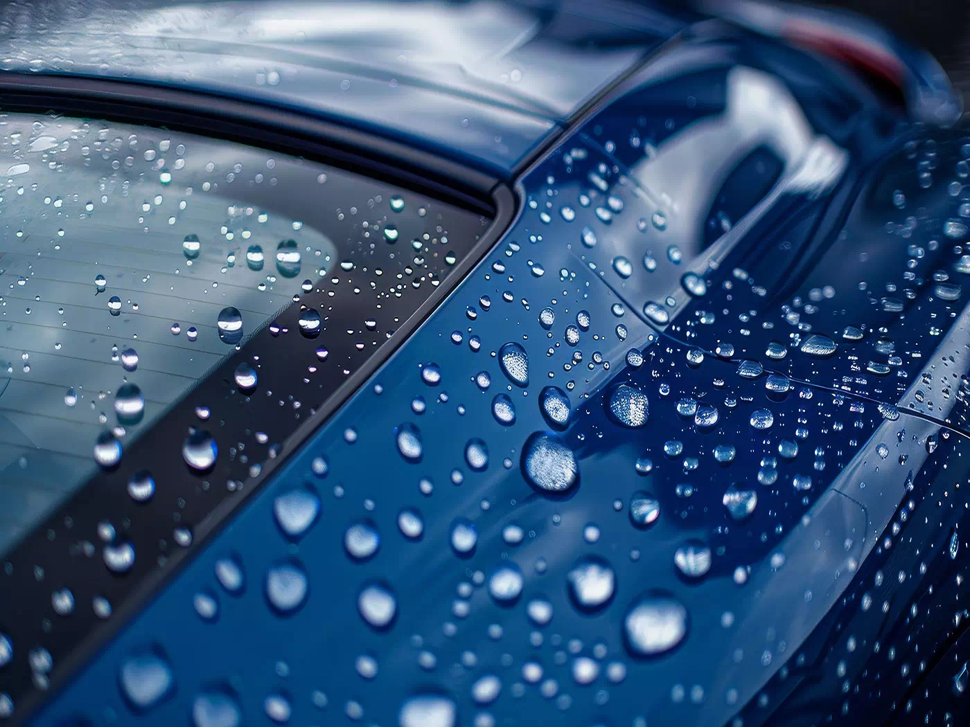 Dettaglio auto blu metallizzata con gocce di pioggia.